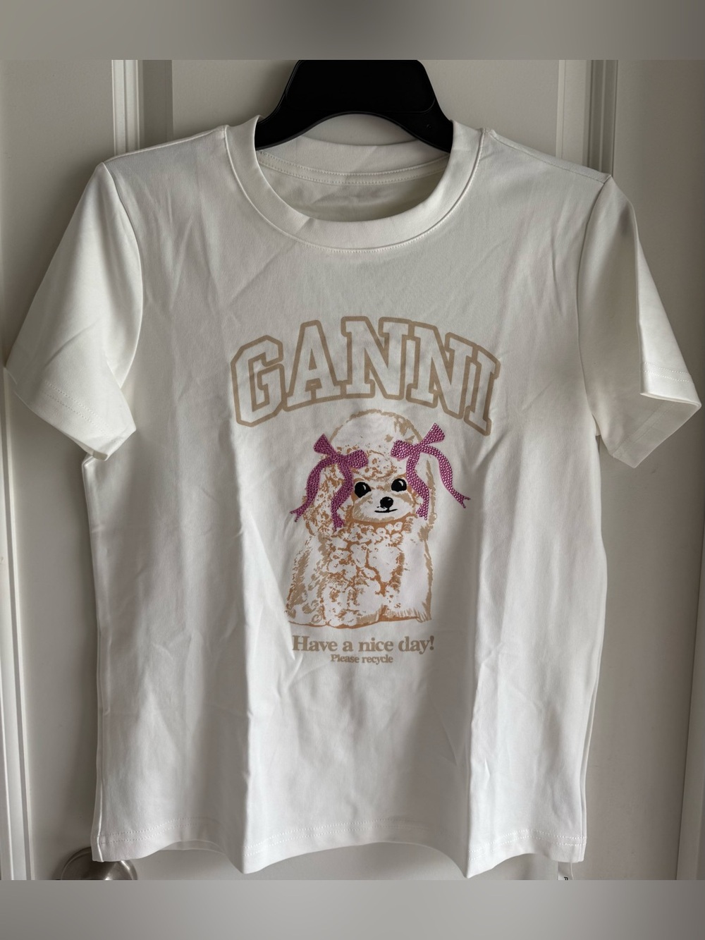 Ganni White Tee with Pink Bow Puppy Graphic